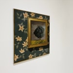Trompe l'œil with framed tree painting on a floral wall