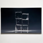 Oil painting of two stacks of transparent ice cubes before black background