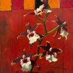 Painting of white orchids in front of an antique style gameboard