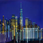 Painting of abstracted city skyline with dark blue night sky