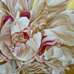 Large painting of beige peony on yellow background