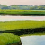 Painting of a river marsh with bushes and landscape
