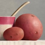 Still life painting of a cup with potatoes
