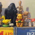 Painting of various animal figurines atop stacked soda crates