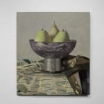 3 pears sitting in metal vase on clothed table