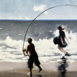 Painting of children playing in the ocean with a jump rope