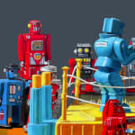 Top Left detail of Rock-em Sock-em robots fight with other robot toys watching