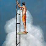 Man in orange bathing suit shorts standing on a small diving board in the sky
