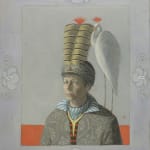 Woman sitting with white crane on shoulder