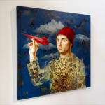 Painting of a man holding a red paper plane