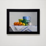 Painting of a still life with citrus and vessels