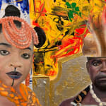 Painting fo Nigerian man and woman in front of abstracted painted backdrops