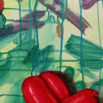 Top detail of Red balloon dog taped to great colored board