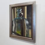 Painting of oversize glass bottle in front of a glass window pane