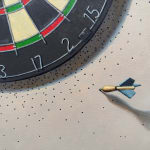 Painting of a realist dart board with missed darts in the wall surrounding it