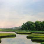Painting of a river marsh with bushes and landscape