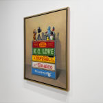 Still life painting with toys on soda boxes