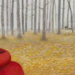 Painting of woman in red coat in a fall landscape sitting on a bench with a basket