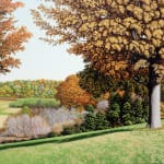 Oil painting of trees before fields in fall on canvas