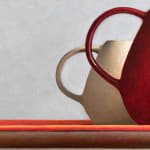 Still lIfe painting with white and red vessels and a pomegranate