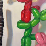Painting of balloon dogs on top of each other stacking a tower of oreos