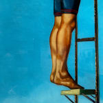 Painting of Man in vintage bathing suit climbing a ladder