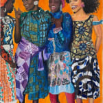 4 Women in colorful fabric clothing over an orange background