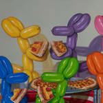Top left detail of 14 multicolored balloon dogs having a pizza party