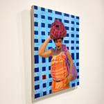 woman with fabric bag onher head