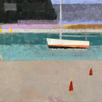 Abstracted beach scene with boat, mountain, and figure