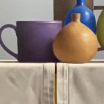 Mugs and pottery before two melons