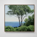 Oil painting of tree and foliage before ocean on canvas