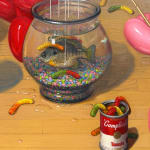 Painting of balloon dogs fishing