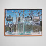 Oil painting of glass bottles before winter tree and sky