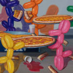 Bottom right detail of 14 multicolored balloon dogs having a pizza party