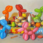Painting of balloon dogs eating around a long table