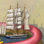 Painting of balloon dog taking a bath