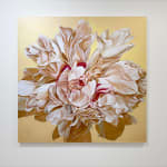 Large painting of beige peony on yellow background