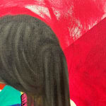 Painting of two women seen from the back over a red abstracted background