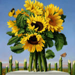 Oil painting of Sunflower on pedestal with cup stems behind on panel