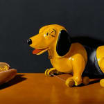 Painting of a toy dog with a hot dog