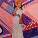 Painting of a woman in a white and blue dress