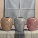 Painting of three shiny colorful vases on a table with tablecloth