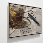 Painting of Manhattan in a glass with in-progress Crowssword Puzzles