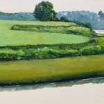 Painting of a river and riverbanks with bushes and trees in the background
