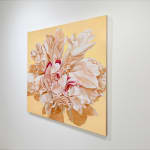 Large painting of beige peony on yellow background