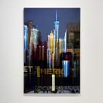 Blurry cityscape of the Freedom Tower and graffiti