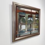 Painting of three glass ball jars sitting on a glass shelf in front of a window