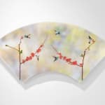 Mixed media work with Aged Silver Leaf with Pigment Print, Acrylic Paint, Watercolors and Resin on Fan-Shaped Panel