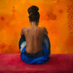 Painting of a woman with brown skin and hair in a bun sitting in a blue skirt with orange background